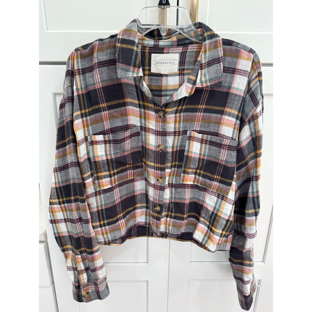 Aeropostale Womens XL‎ Plaid Cropped Button Down Shirt Long Sleeve